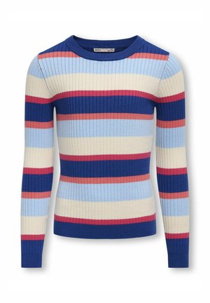 Ribbed knit sweater with long sleeves, featuring horizontal stripes in blue, light blue, cream, and coral. Round neckline, fitted design.