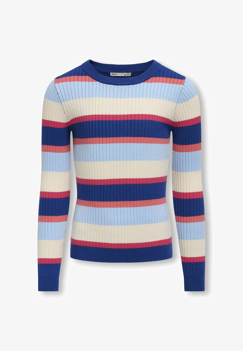 Ribbede strikkegenser med lange ermer, med horisontale striper i blå, lyseblå, krem og korall. Rund halslinje, tettsittende design.