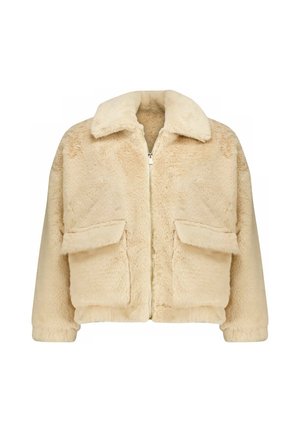 Nepbonten jas in licht beige, met een kraag, rits aan de voorkant en twee grote klepzakken. Zachte textuur met een boxy ontwerp.