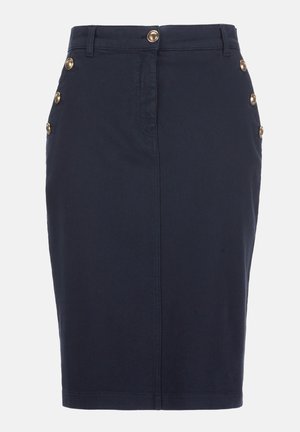 Mørkeblå knælængde blyantskørt med guldbuton detaljer foran og på siderne, med bæltestropper og forreste søm.