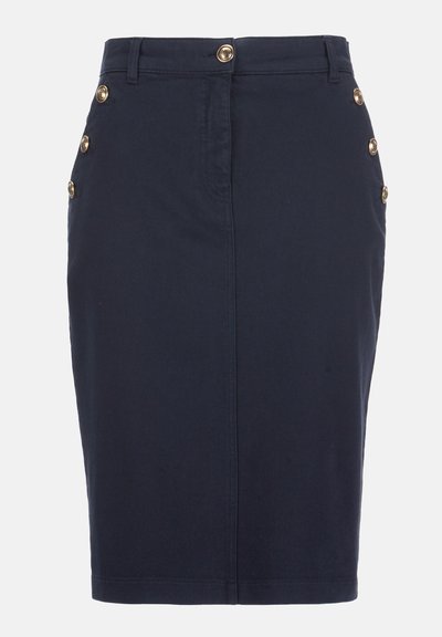 Mørkeblå knælængde blyantskørt med guldbuton detaljer foran og på siderne, med bæltestropper og forreste søm.