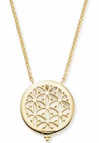 Guld vedhængs halskæde med et cirkulært design, der har et blomstermønster. Kæden er slynget, og vedhænget har en poleret overflade.