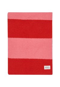 Rot und pink gestreifte Strickdecke mit gerippter Textur, versehen mit einem Etikett in der unteren rechten Ecke.