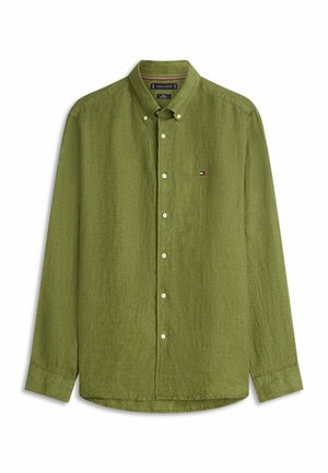 Camicia in lino verde oliva a maniche lunghe con bottoni, collo con bottoni e piccolo logo Tommy Hilfiger sul petto sinistro.
