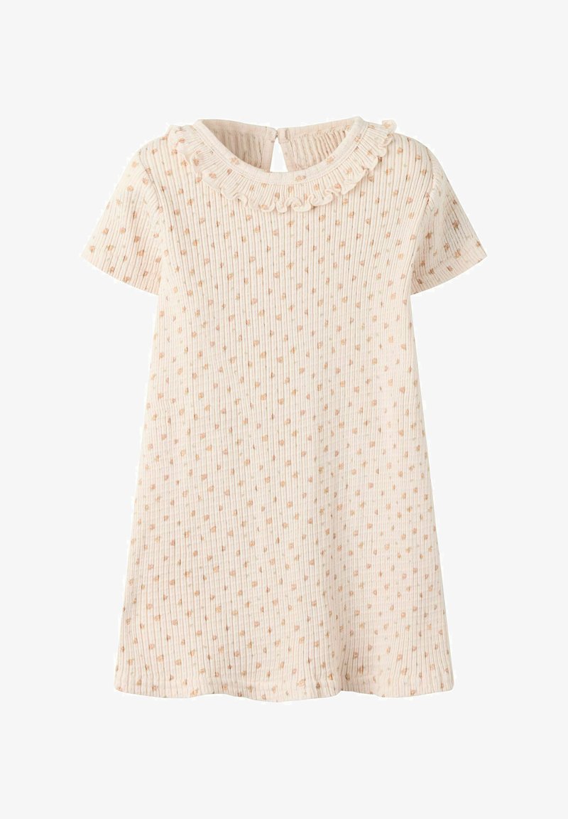 Robe bébé crème à manches courtes avec pois roses, texture côtelée, col volanté et fermeture par boutons au dos.