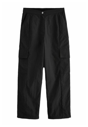 Pantalons cargo noirs en tissu léger, avec une taille élastique, des poches latérales et des poches carrées sur les jambes.