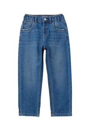 Jeans in denim blu con design a gamba dritta, vita elastica, tasche laterali e dettagli di cucitura visibili. Senza decorazioni né fantasie.