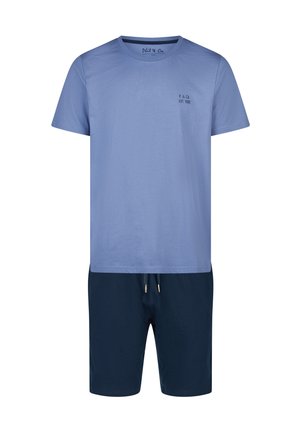 Lässiges Herren-Zweiteiler-Set mit hellblauem T-Shirt mit kurzen Ärmeln und Rundhalsausschnitt sowie dunkelblauen Shorts mit Kordelzug, kleines Logo auf der Brust des Shirts.