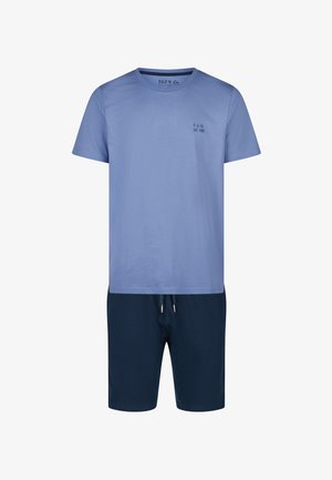 Lässiges Herren-Zweiteiler-Set mit hellblauem T-Shirt mit kurzen Ärmeln und Rundhalsausschnitt sowie dunkelblauen Shorts mit Kordelzug, kleines Logo auf der Brust des Shirts.