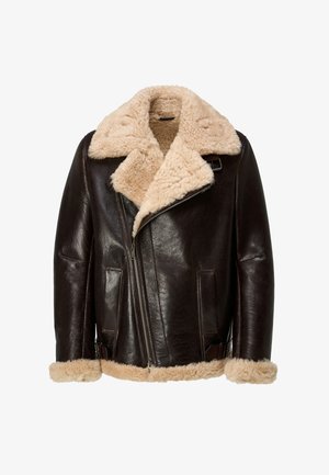 Brown leather jacket with a tan shearling collar and lining. Features zip closure, two front pockets, and adjustable side straps.