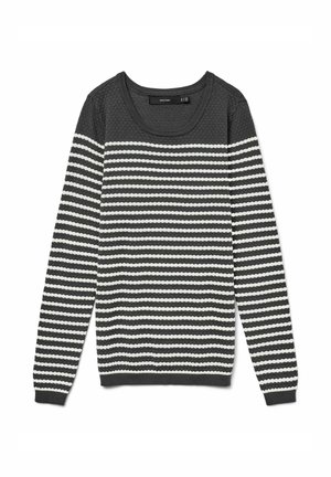 Maglione a maglia grigio scuro con tessuto testurizzato, caratterizzato da strisce orizzontali bianche. Collo rotondo e maniche lunghe.