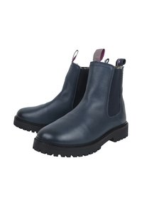 Bottes Chelsea en cuir bleu marine avec des panneaux élastiques sur les côtés, semelle en caoutchouc noir texturé et languettes pour un enfilage facile. Design à bout plat et arrondi.