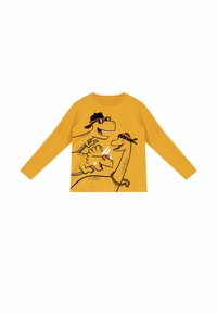 Geel T-shirt met lange mouwen met daarop cartoon-dinosaurussen met zwarte omtrekken, hoeden en accessoires, afgedrukt op de voorkant. Zacht katoenmateriaal.