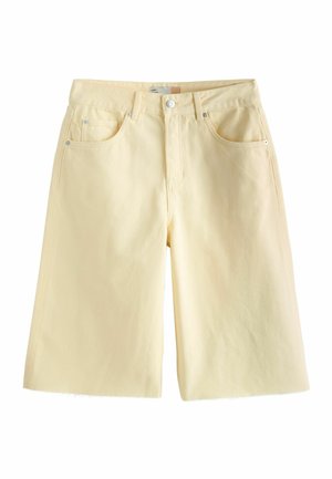 Light beige denim shorts with five pockets, zipper fly, and button closure, displayed flat on a white background.