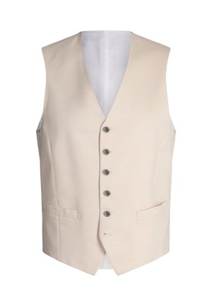 Beżowa męska kamizelka formalna na pięć guzików z przodu z dwoma kieszeniami, bez rękawów, z kołnierzem w kształcie litery V.
