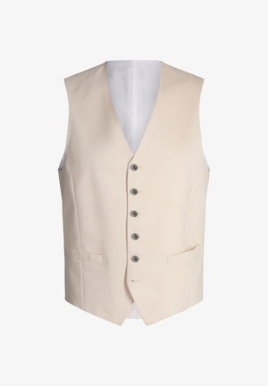 Gilet da uomo beige formale con cinque bottoni sul davanti e due tasche a filetto, senza maniche con collo a V.