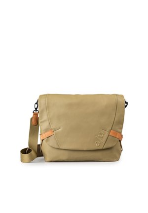 Borsa a tracolla marrone chiaro con tracolla regolabile e piccoli dettagli in pelle, pattina frontale con logo in rilievo discreto.