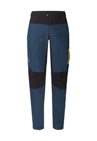 Pantalons d'escalade bleu marine et noir avec une coupe ajustée, poches latérales zippées et tissu durable, présentant des accents de panneaux contrastés.