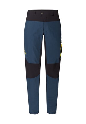 Dunkelblaue und schwarze Kletterhose mit einer figurschmeichelnden Passform, mit Reißverschlusstaschen an den Seiten und strapazierfähigem Material, das kontrastierende Paneelakzente aufweist.