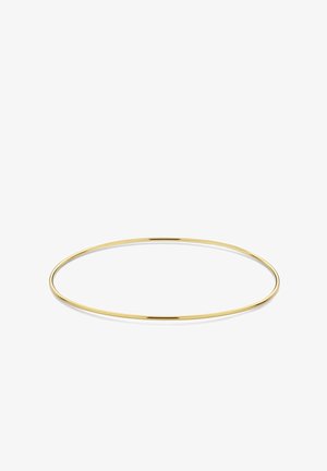 Bague en métal doré avec un design circulaire lisse. Caractérisée par un profil fin et léger avec une finition réfléchissante. Sans embellissements.