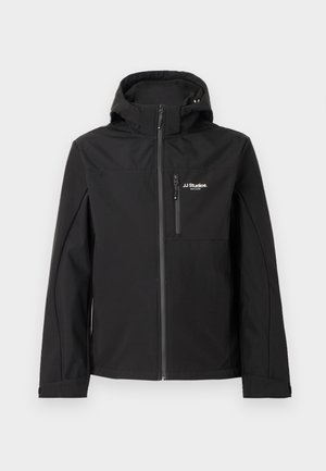 Veste noire à capuche avec fermeture éclair, fabriquée en matériau résistant à l'eau. Comprend une poche poitrine et un détail de logo subtil à l'avant.