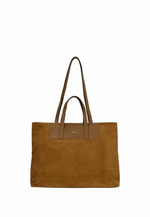 Braune Wildleder-Tasche mit zwei Griffen und einem kleinen Metalllogo auf dem oberen mittleren Lederrand.
