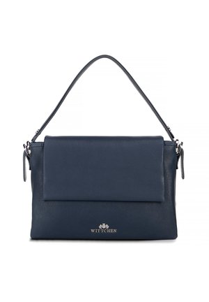 Navy blue leather handbag with a flap closure, single short handle, silver hardware, and "WITTCHEN" logo on the front.