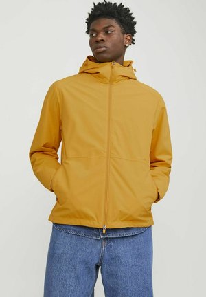 Yellow waterproof jacket with a hood, zip closure, and side pockets; features a smooth texture and lightweight design.