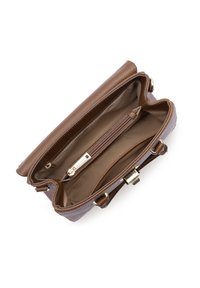 Borsa a mano in pelle marrone con esterno testurizzato, hardware dorato e tasca interna con zip. Apertura con scomparti organizzati.