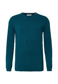 Teal gestrickter Pullover mit langen Ärmeln, rundem Ausschnitt und gerippten Bündchen und Saum. Glatte Textur, keine sichtbaren Muster oder Beschläge.
