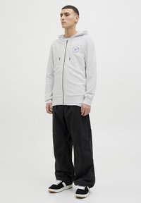 Sudadera de cremallera en gris claro con capucha ajustable y bolsillos frontales, combinada con pantalones holgados negros y zapatillas negras con detalles en blanco.