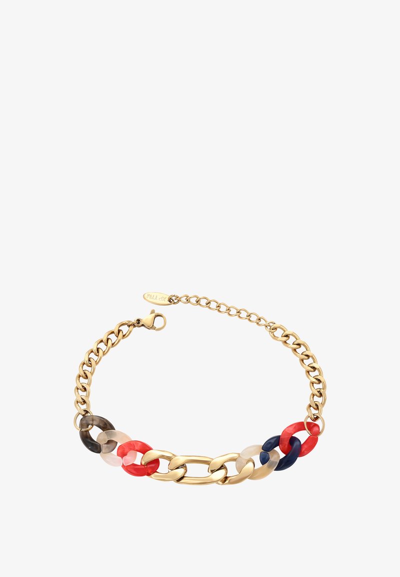 Zlatý náramek s střídavými velkými kovovými články a vícolorovými pryskyřičnými články v červené, námořnické, béžové a hnědé barvě, se zapínáním na krabí sponu.