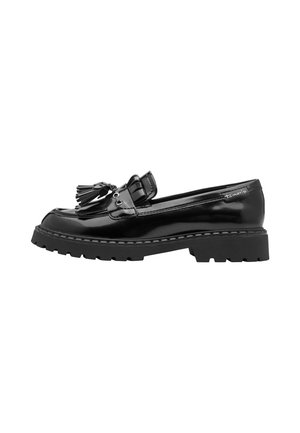 Sort skinnende læder loafer med tyk sål og kvastdekoration på toppen, set fra siden.