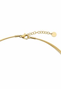 Naszyjnik z metalu w kolorze złota o gładkim, zakrzywionym kształcie, z zapięciem na karabińczyk i regulowanym łańcuszkiem z małym okrągłym zawieszonym.