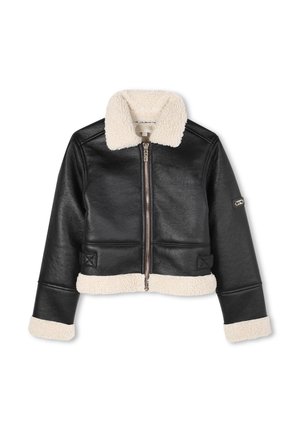 Black cropped leather jacket with cream shearling collar and hem. Features a front zipper and side accents. Smooth texture with a fitted design.