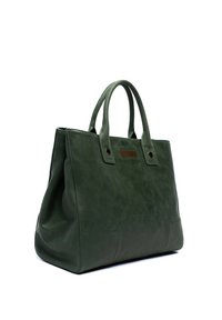 Groene leren tote bag met dubbele handgrepen aan de bovenkant, rechthoekige vorm en gestructureerd ontwerp. Heeft subtiele stiksels en twee zijvakjes.