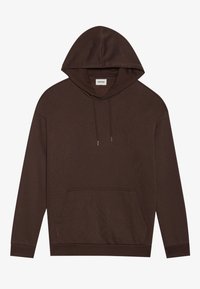 Brown pullover hoodie made of textured fabric. Features a front pocket, drawstrings, and ribbed cuffs and hem. Simple design with no patterns.