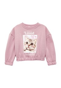 Sudadera corta rosa con dobladillo elástico, que presenta una impresión de foto de un gato, acentos en forma de corazón y texto que dice "Es hora de ser amado" debajo.