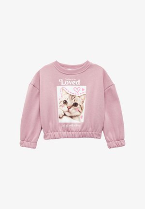 Sudadera corta rosa con dobladillo elástico, que presenta una impresión de foto de un gato, acentos en forma de corazón y texto que dice "Es hora de ser amado" debajo.