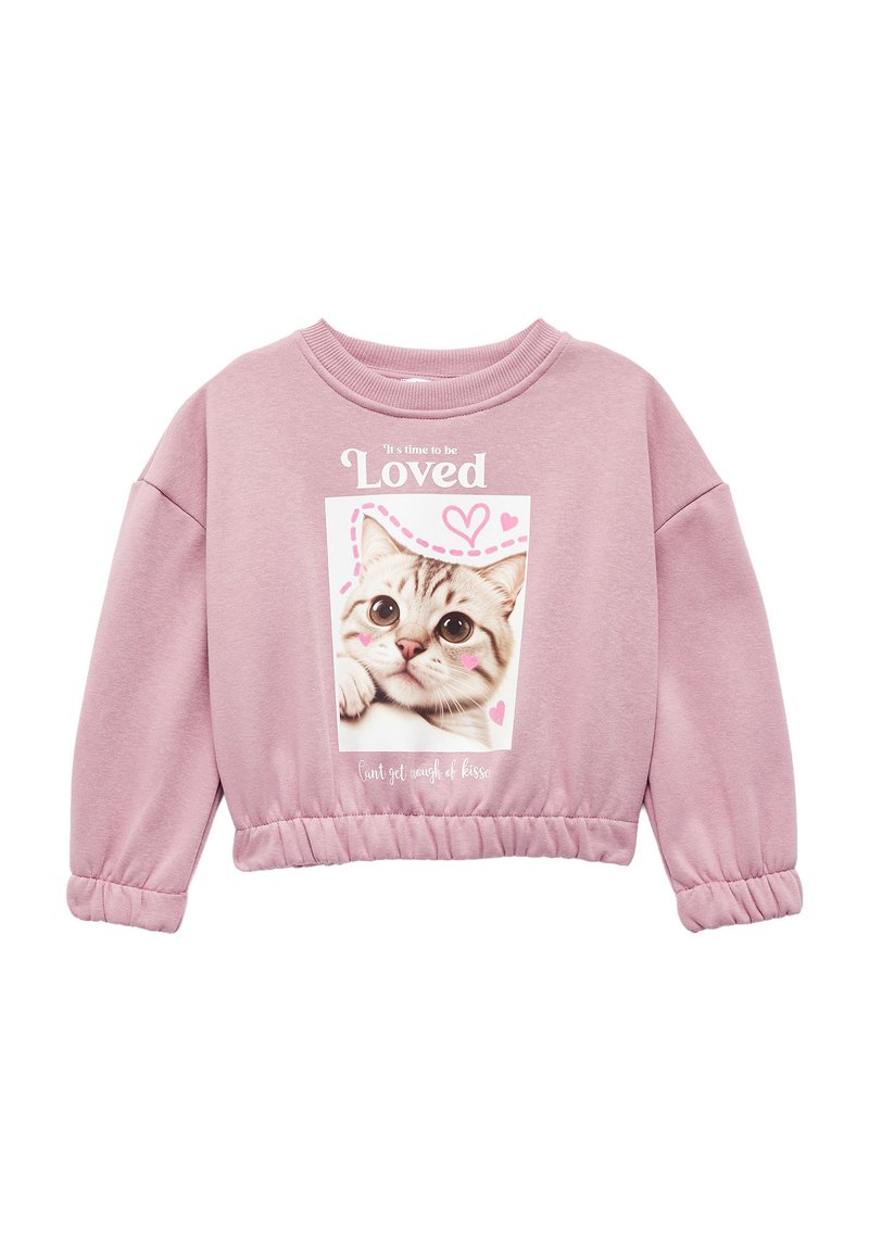 Sudadera corta rosa con dobladillo elástico, que presenta una impresión de foto de un gato, acentos en forma de corazón y texto que dice "Es hora de ser amado" debajo.