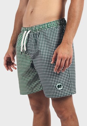 Pantalones cortos a cuadros en verde y blanco con cintura ajustable y un parche redondo de logo de elefante en la esquina inferior derecha.