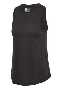 Haut de sport noir sans manches en tissu léger et respirant, doté d'un col rond et d'un logo discret en relief à l'avant.