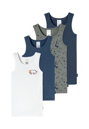 Vier witte mouwloze kinder-tanktops met een neushoorngrafiek, effen blauw, blauw met bosmotief en effen donkerblauw.