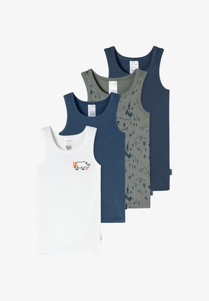 Vier witte mouwloze kinder-tanktops met een neushoorngrafiek, effen blauw, blauw met bosmotief en effen donkerblauw.