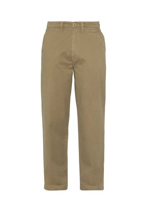 Heren khaki rechte broek met riemlussen, knoopsluiting en voorzakken, eenvoudig ontwerp, getoond tegen een witte achtergrond.