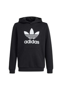 Černá mikina s kapucí vyrobená z měkkého materiálu, zdobená velkým bílým logem Adidas trefoil na přední straně a přední kapsou ve tvaru klokaní kapsy.
