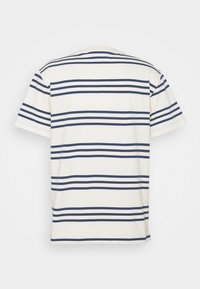 Cotton t-shirt with short sleeves, featuring navy blue horizontal stripes on a white background and a crew neckline.