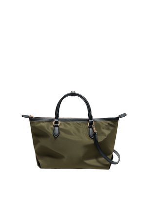 Sac à main rectangulaire vert olive avec poignées noires, fermeture éclair et bandoulière noire amovible sur fond blanc.