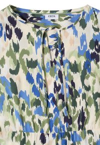 Blouse avec motif abstrait vert, bleu, beige et noir, encolure ronde avec ouverture en forme de goutte devant et détail noué, taille élastique.