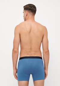 Kék pamut boxer alsónadrág sötét derékpánttal. Illeszkedő kialakítással és sima textúrával rendelkezik. Hátulról nézve, zökkenőmentes véggel.